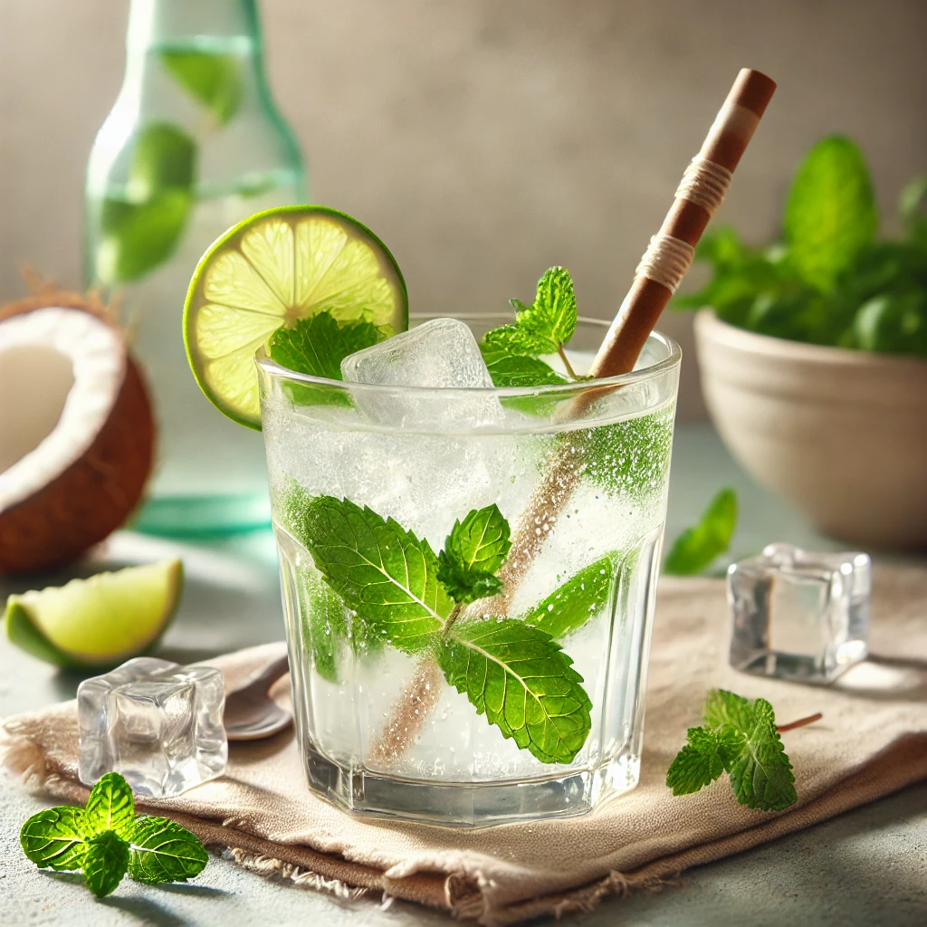 Egészséges és frissítő kókuszvíz ital mentával és lime-mal