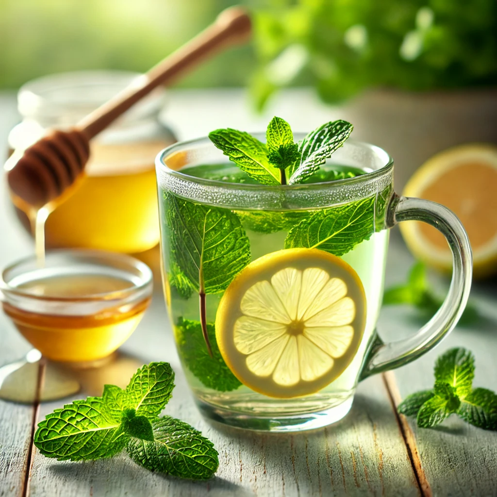 Egészséges és frissítő zöld tea mézzel és mentával