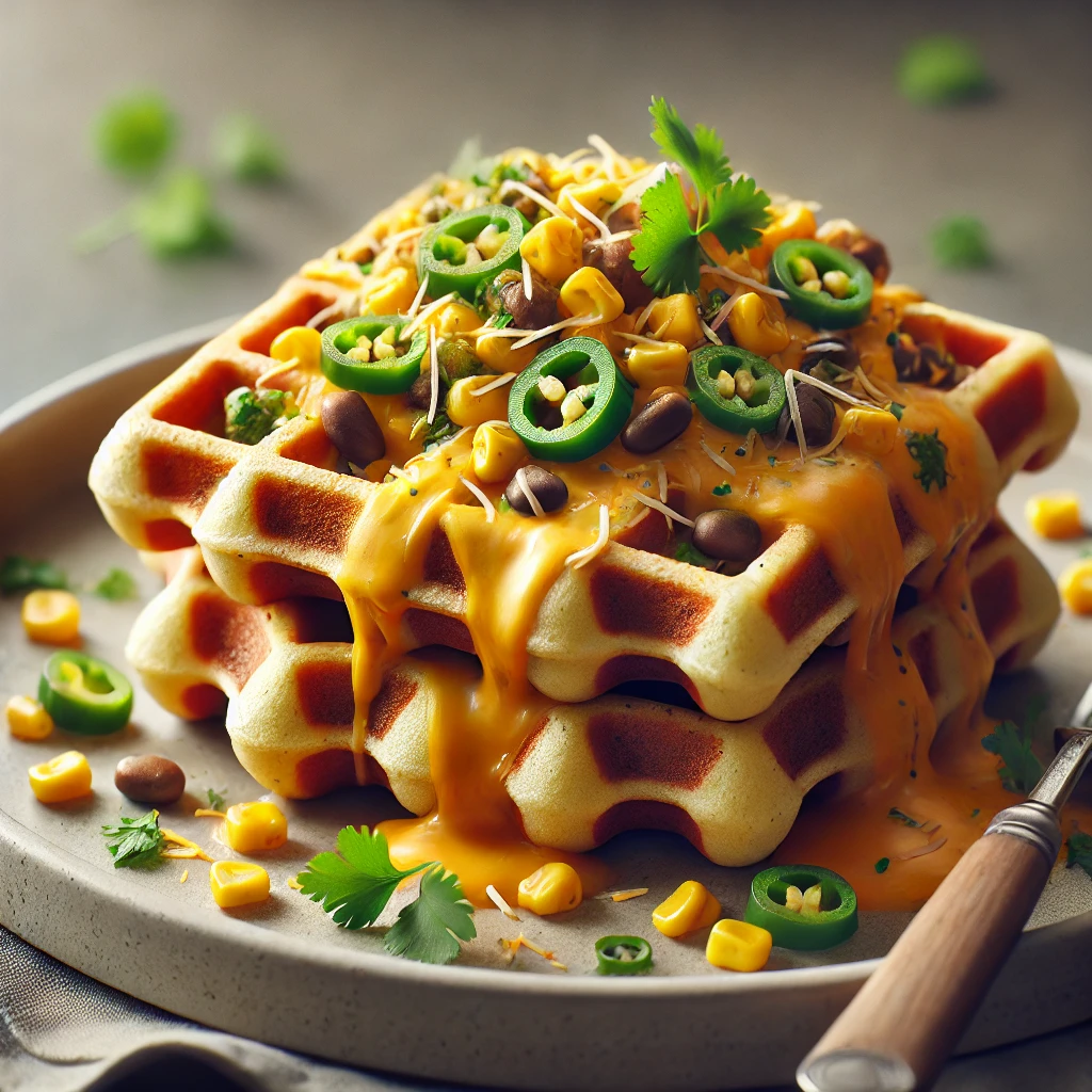 Sós gofri cheddar sajttal, jalapeno paprikával, kukoricával és fekete babbal tálalva