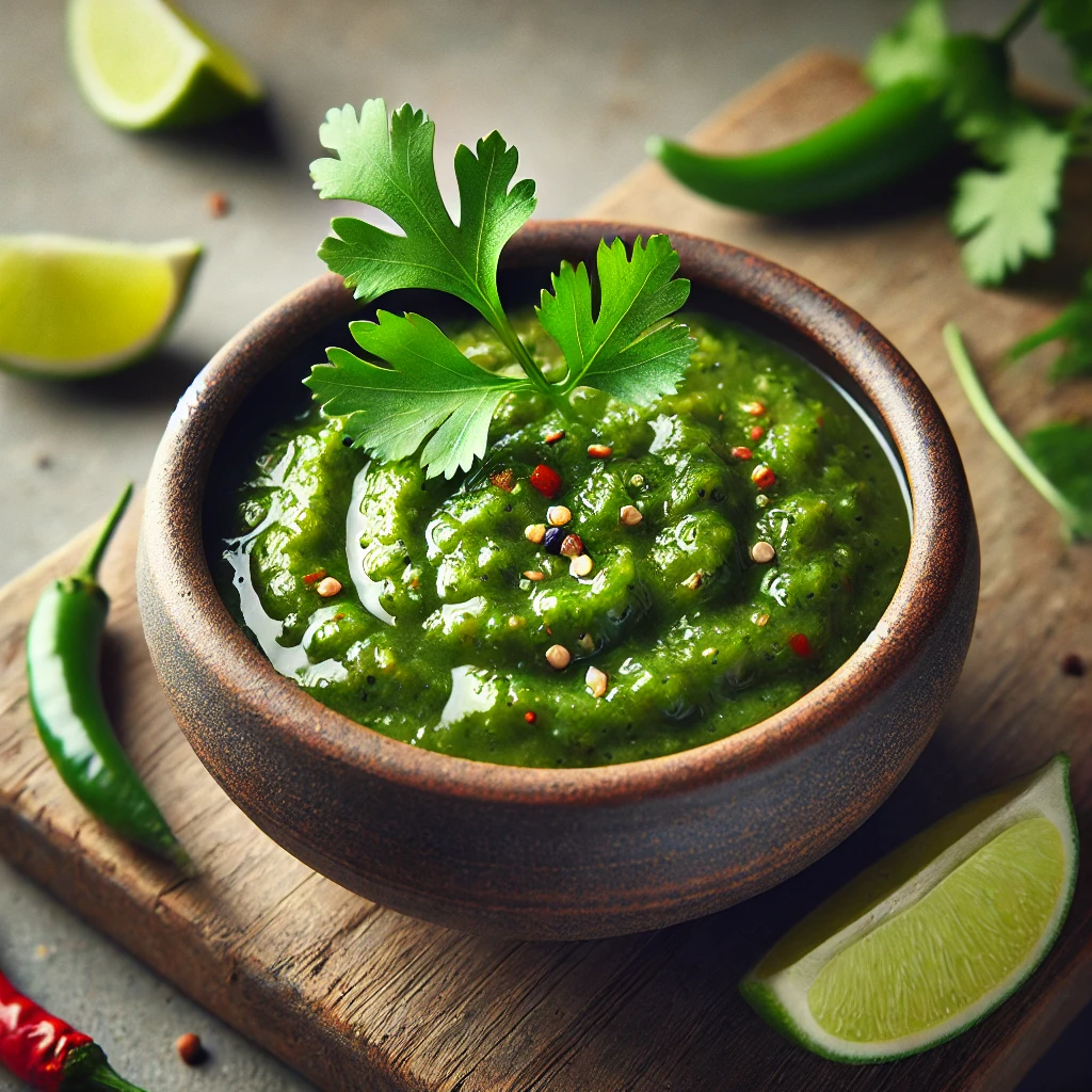 Friss és pikáns tomatillo alapú salsa zöld chilivel és korianderrel