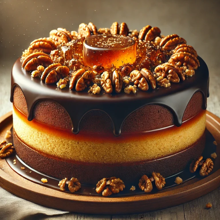 Mézes-diós torta tálalva