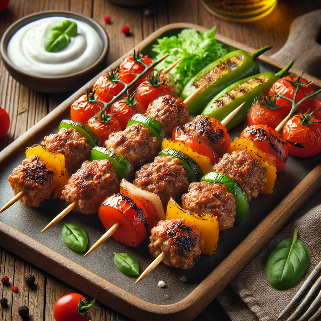 Autentikus török Mini Kebab Nyársak grillezett húsgolyókkal és friss zöldségekkel