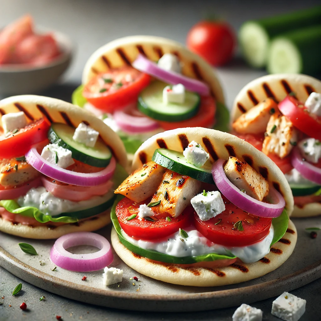 Kis pita kenyerek töltve sült csirkével, feta sajttal és friss zöldségekkel