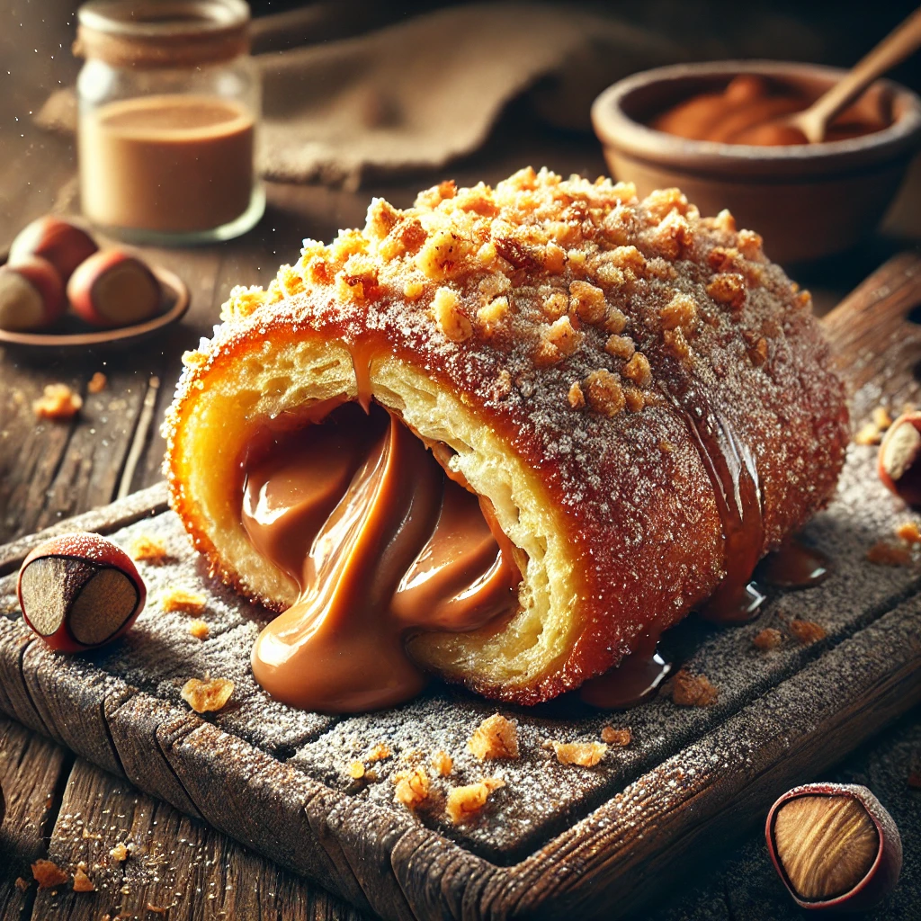 Ropogós kürtőskalács mogyorókrémmel és pirított mogyoróval