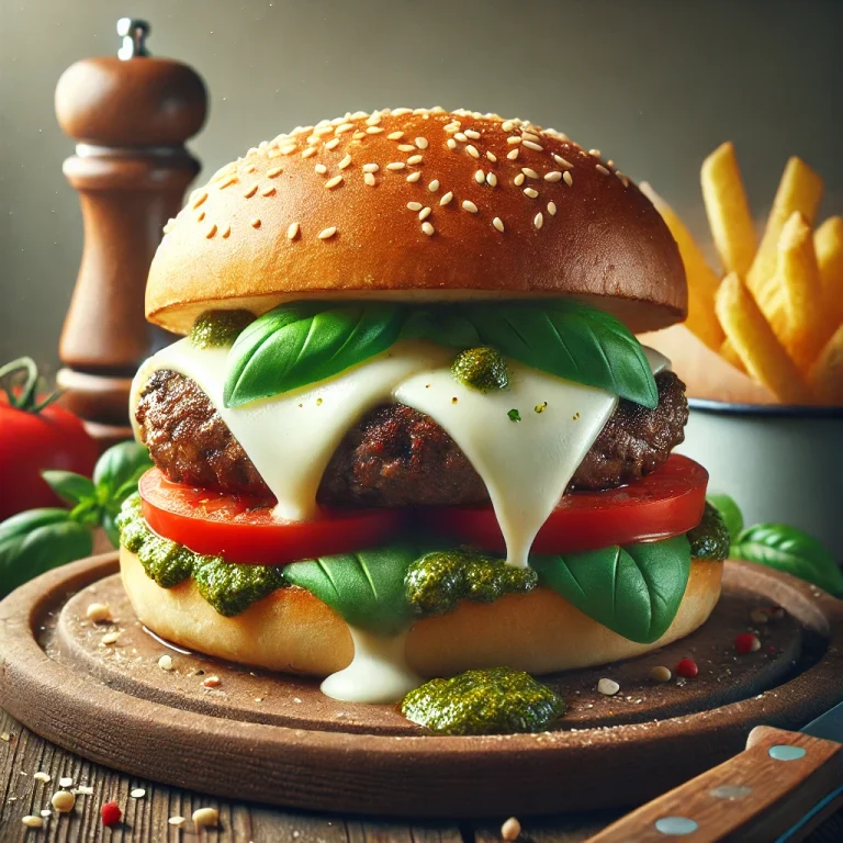 Mozzarella sajtos hamburger szaftos húspogácsával és friss bazsalikommal