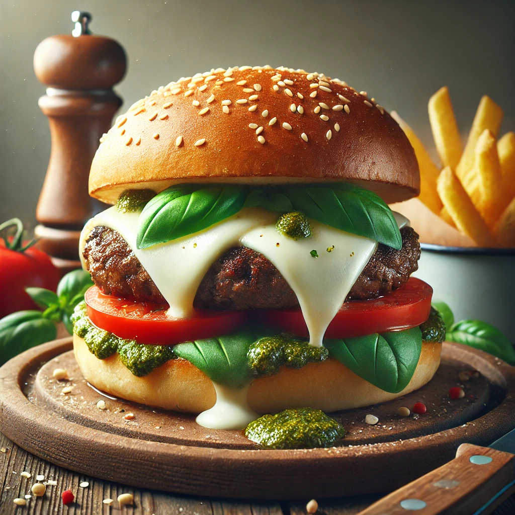 Marhahúspogácsa, olvadt mozzarella, bazsalikom és friss zöldségek