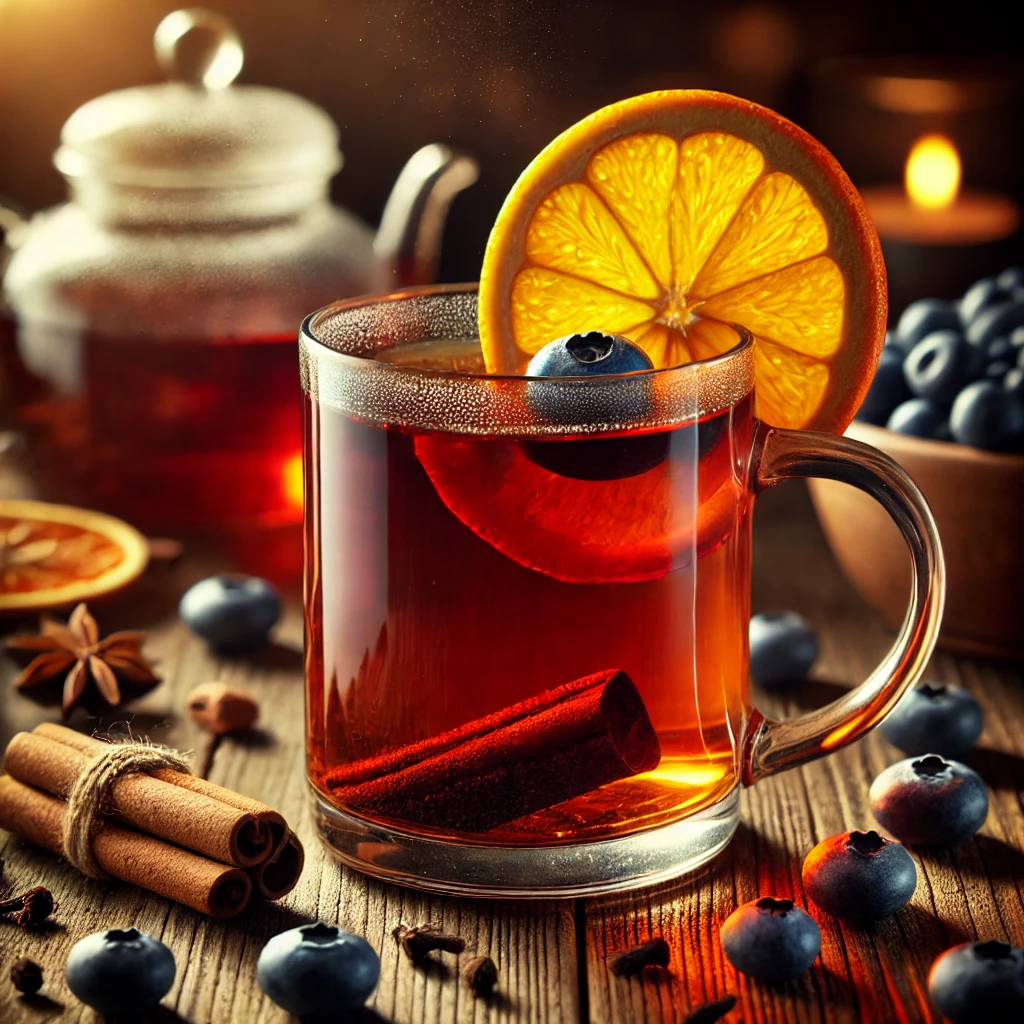 Meleg, fűszeres tea narancs és áfonya ízzel