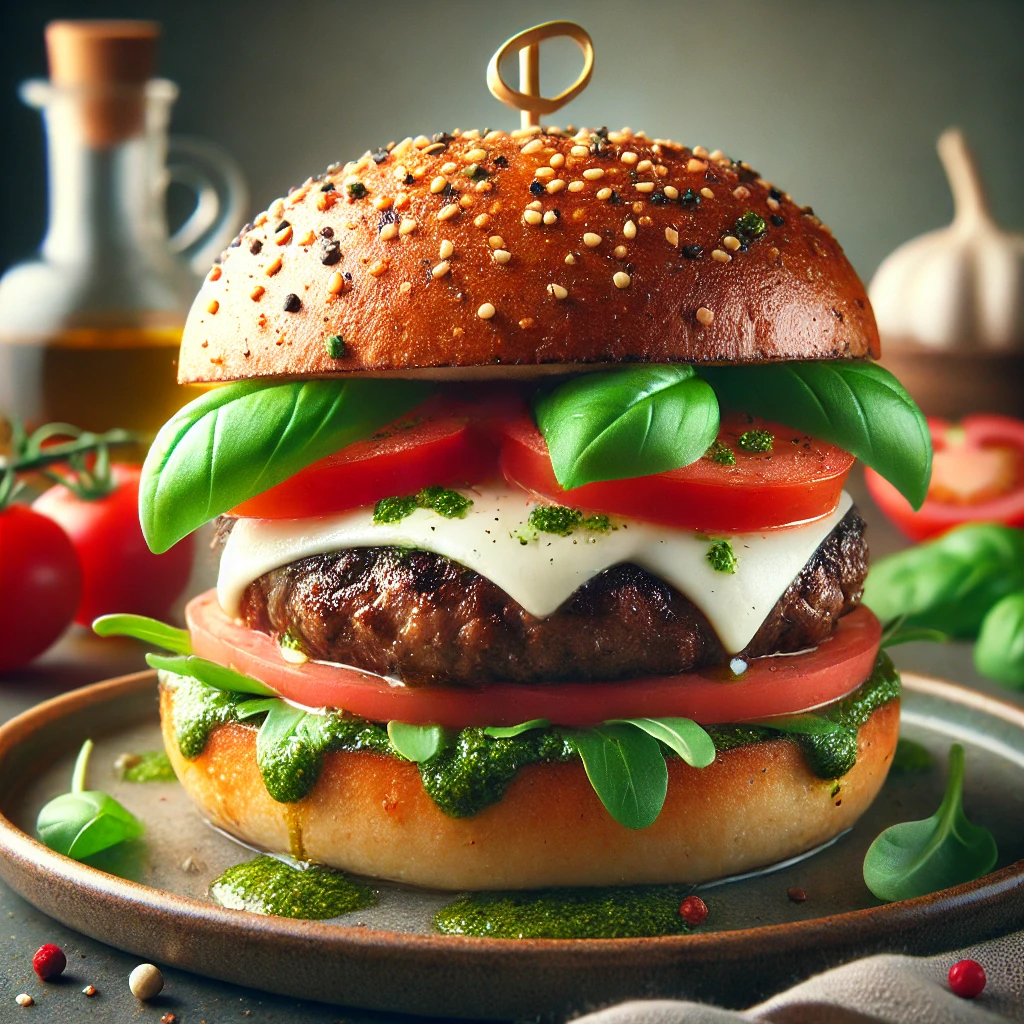Mediterrán hamburger mozzarellával és bazsalikommal