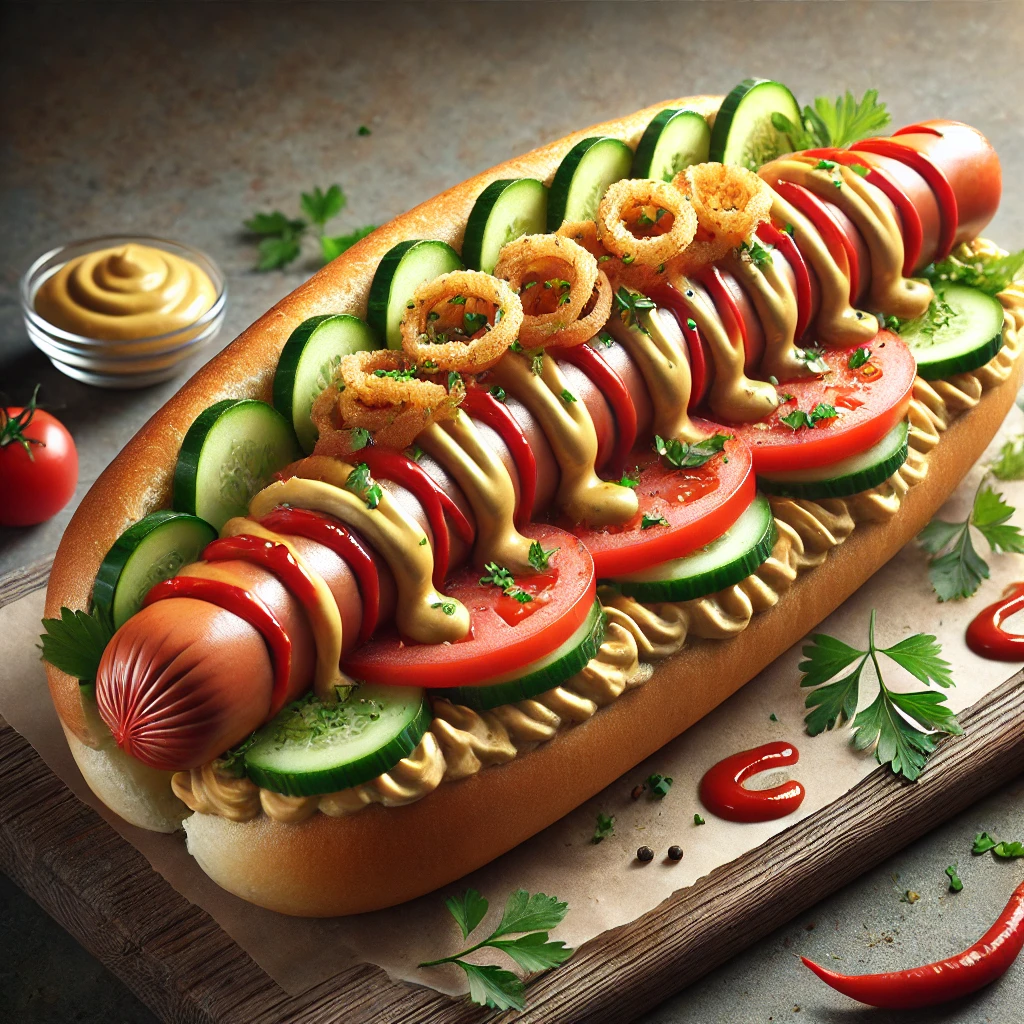 Friss zöldségekkel és pikáns szósszal tálalt óriás hot dog