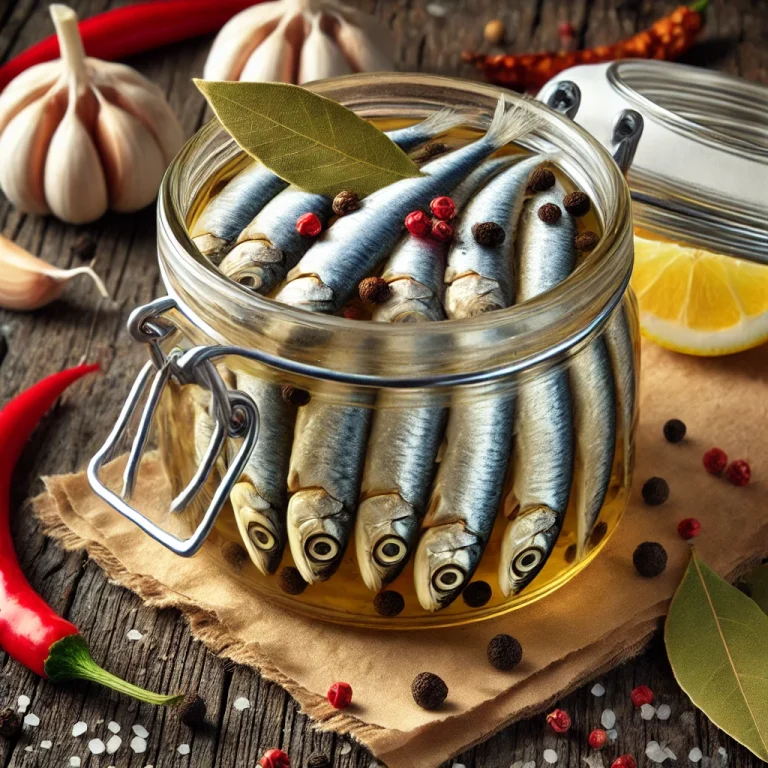Pickled anchovies in a glass jar with lemon and spices