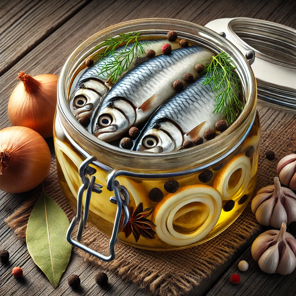 Traditional Scandinavian pickled herring with onions and spices