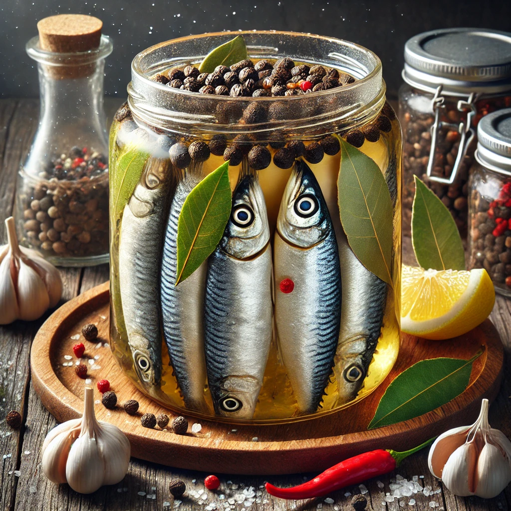 Traditional Mediterranean pickled sardines with garlic and spices