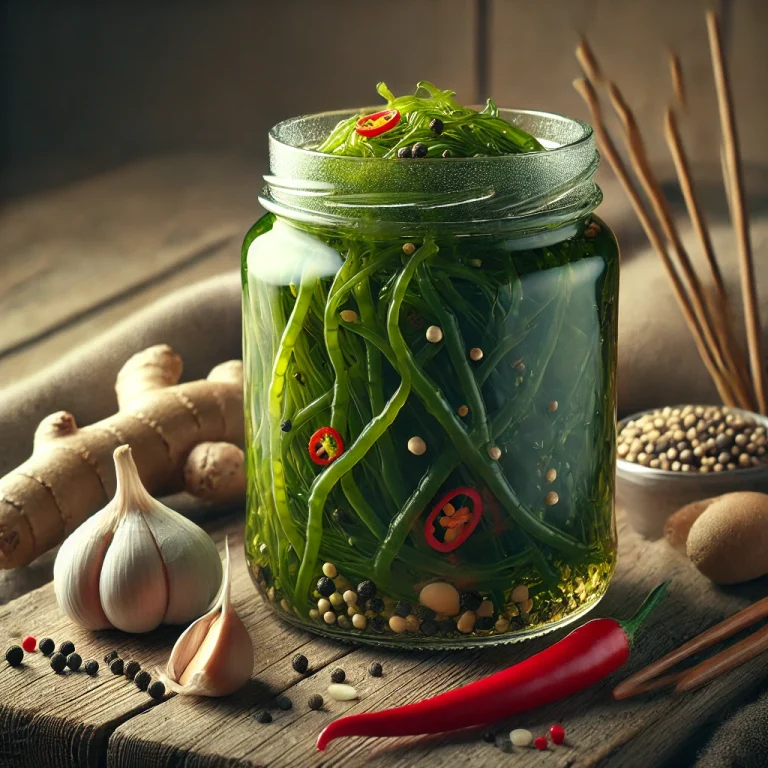 Pickled seaweed in a glass jar