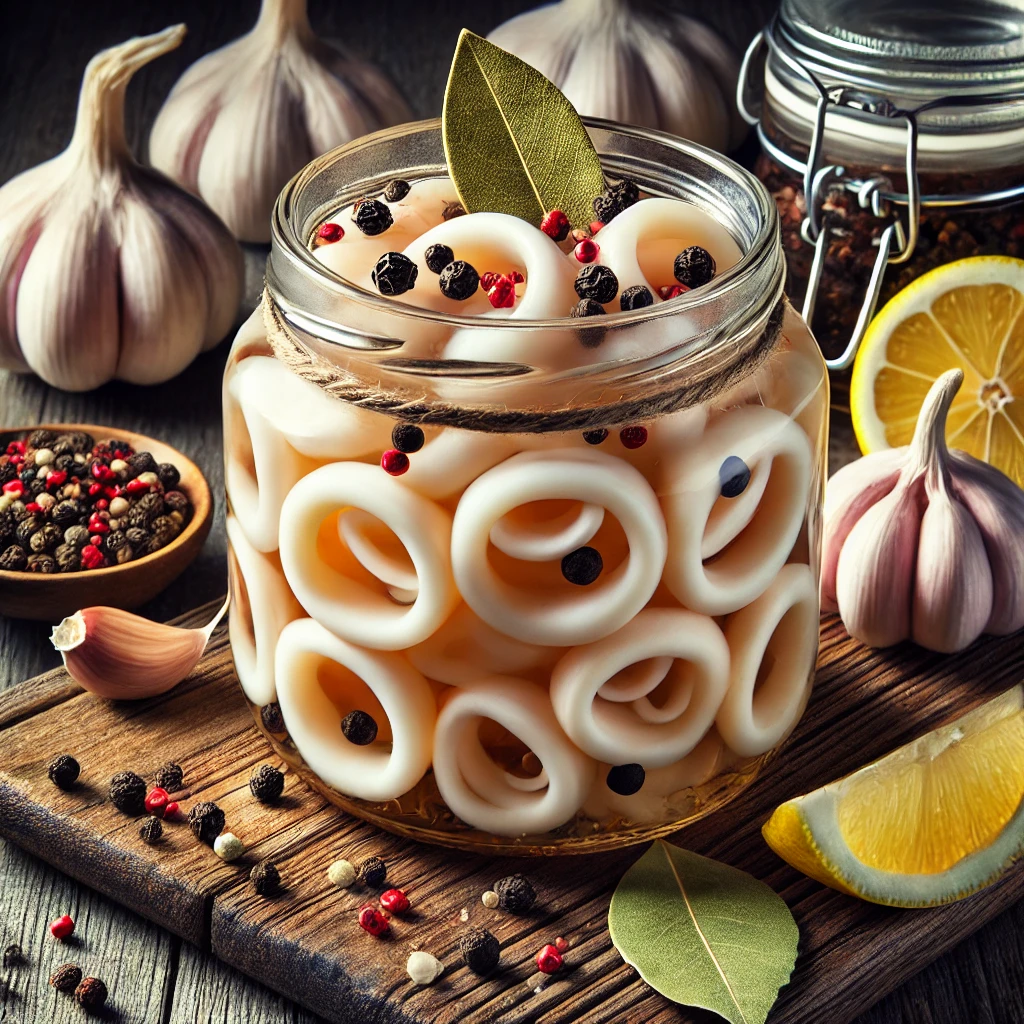 Traditional Mediterranean pickled squid with garlic and spices