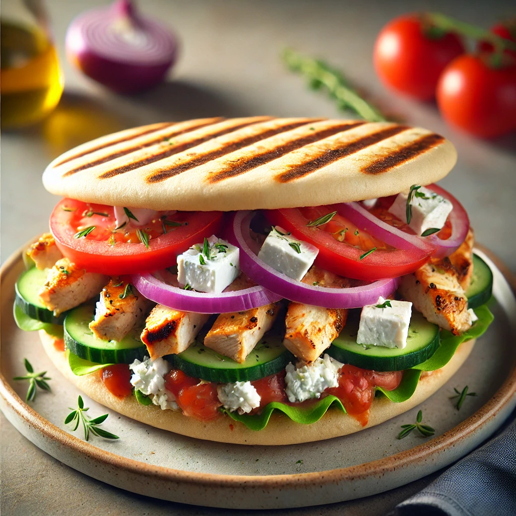 Pita kenyér töltve sült csirkével, feta sajttal és görög joghurttal