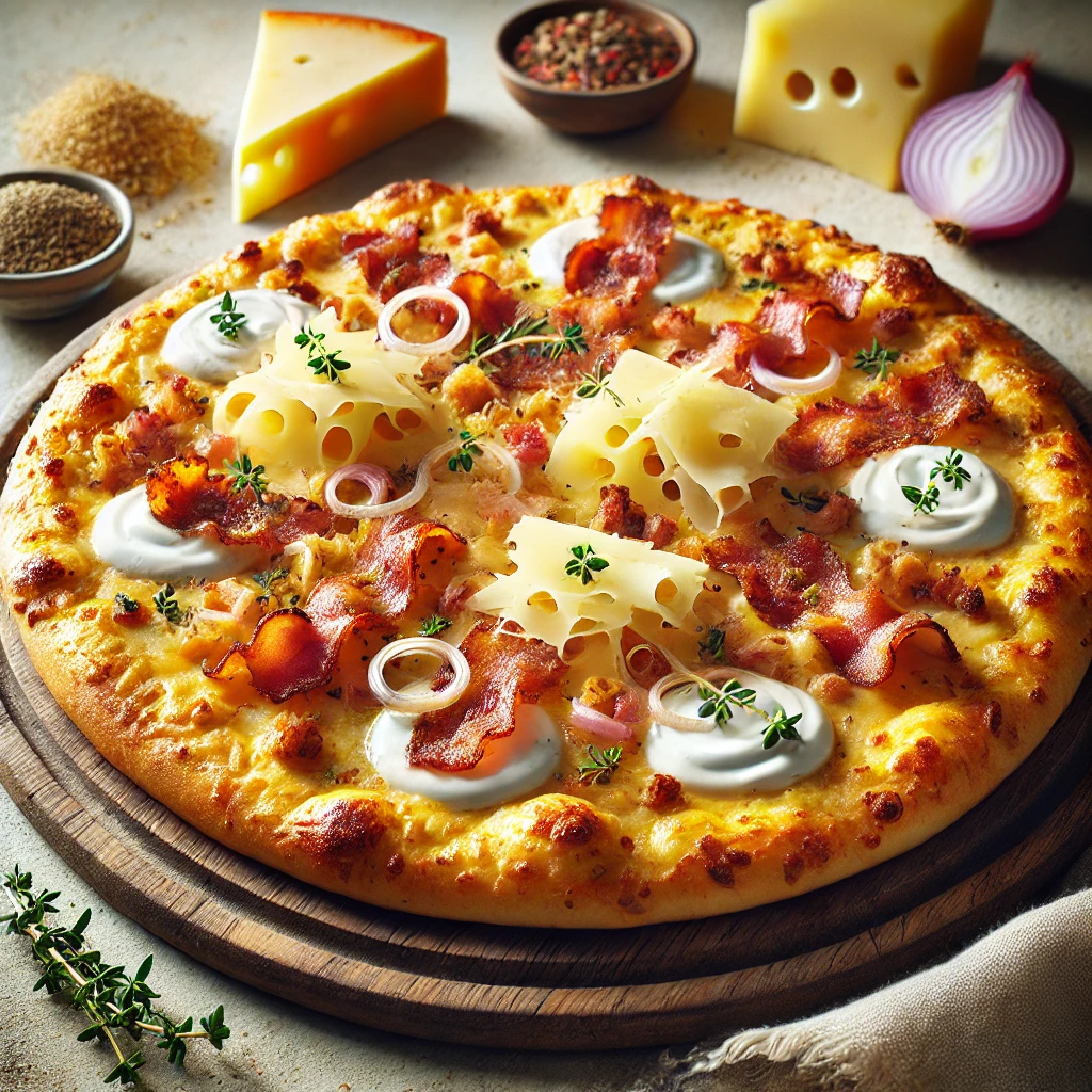 Tejfölös alapú alpesi pizza különleges sajtokkal