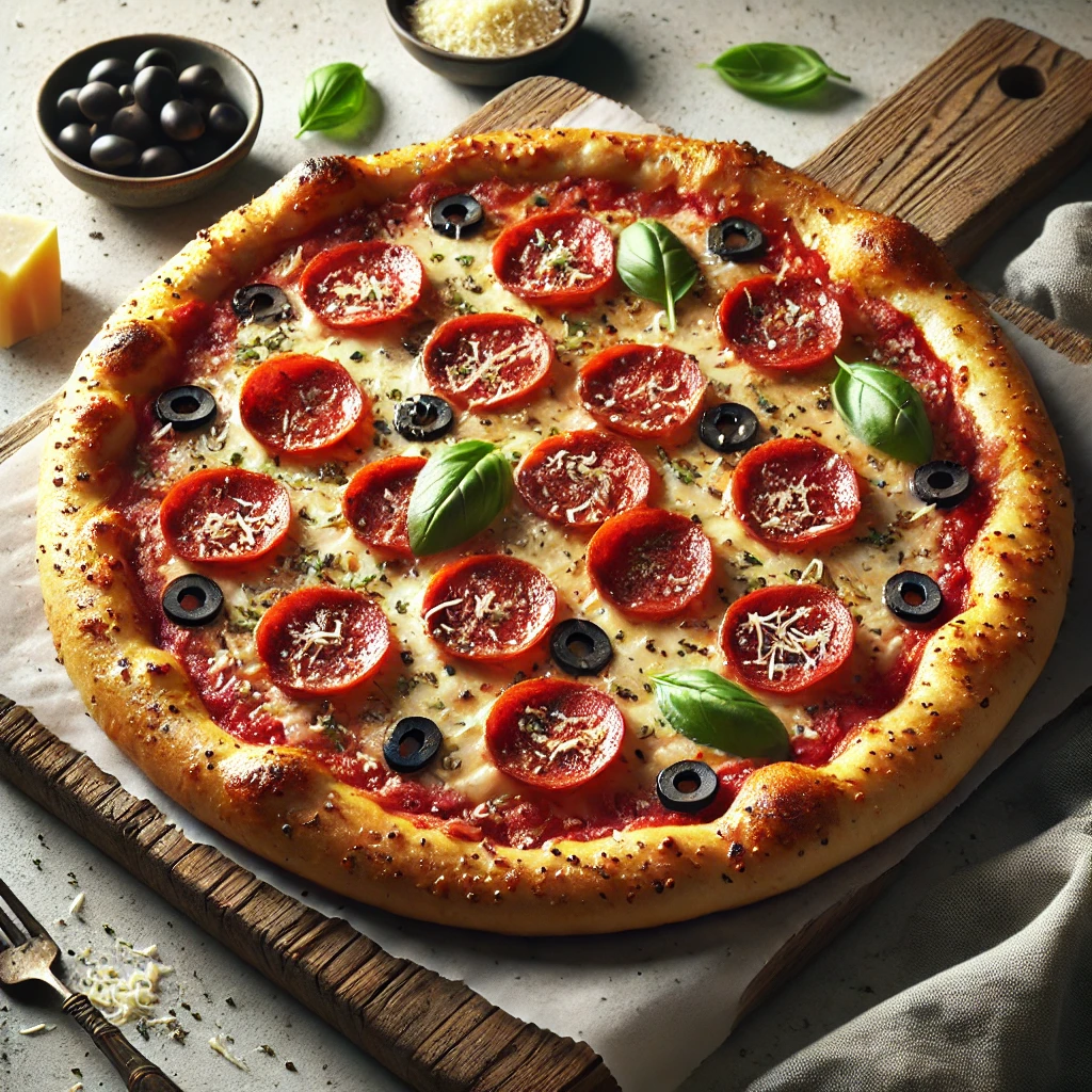 Amerikai stílusú pizza ropogós pepperonival és olívabogyóval