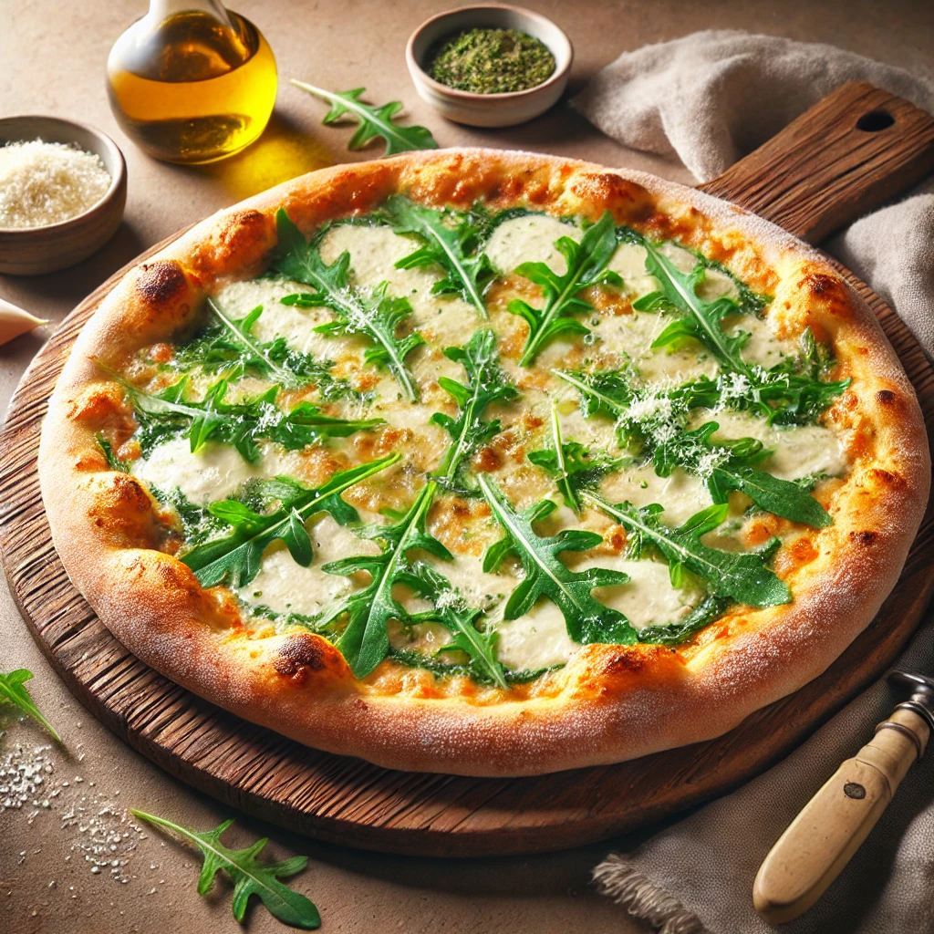 Olasz fehér pizza rukkolával házilag készítve