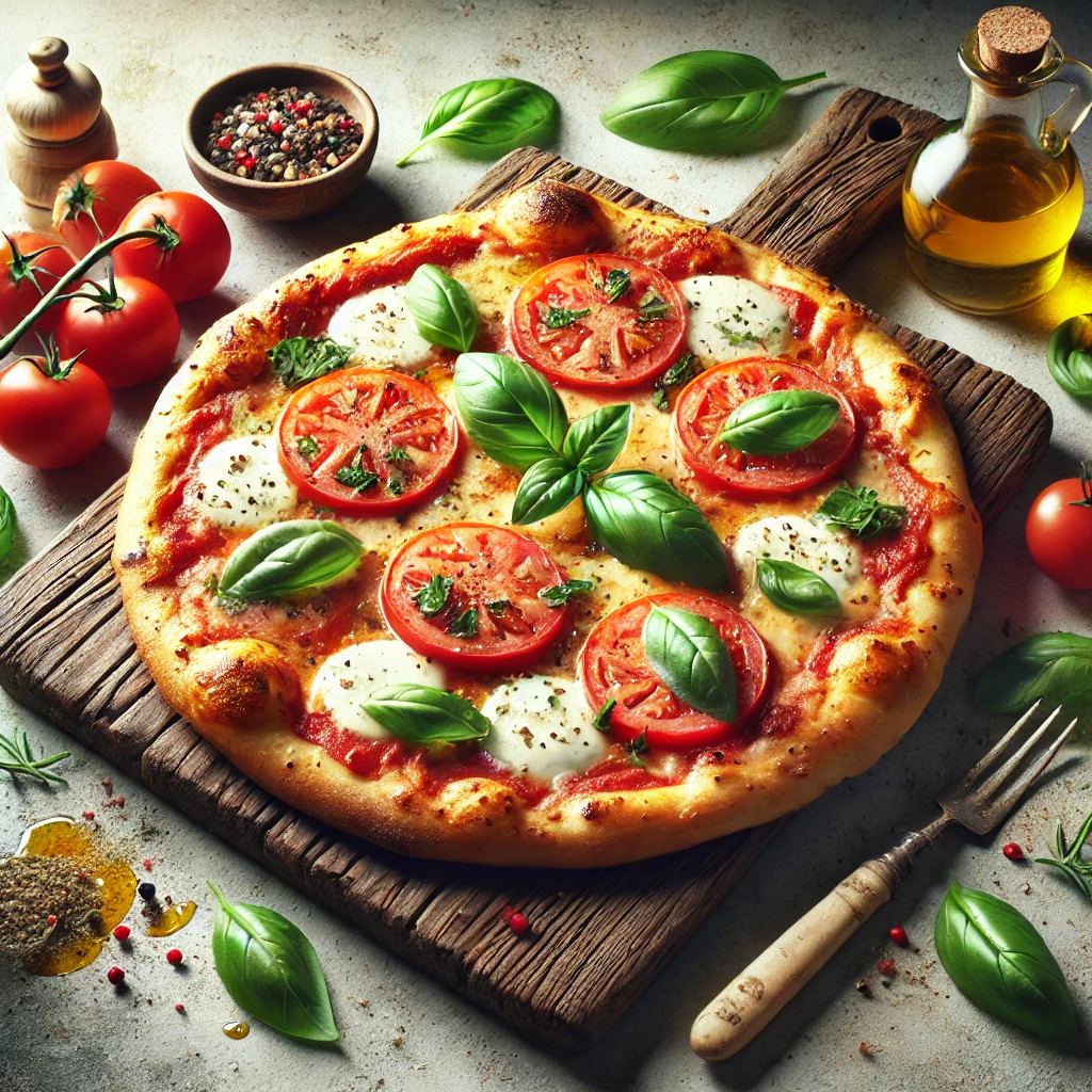 Paradicsomos-mozzarellás olasz pizza friss bazsalikommal