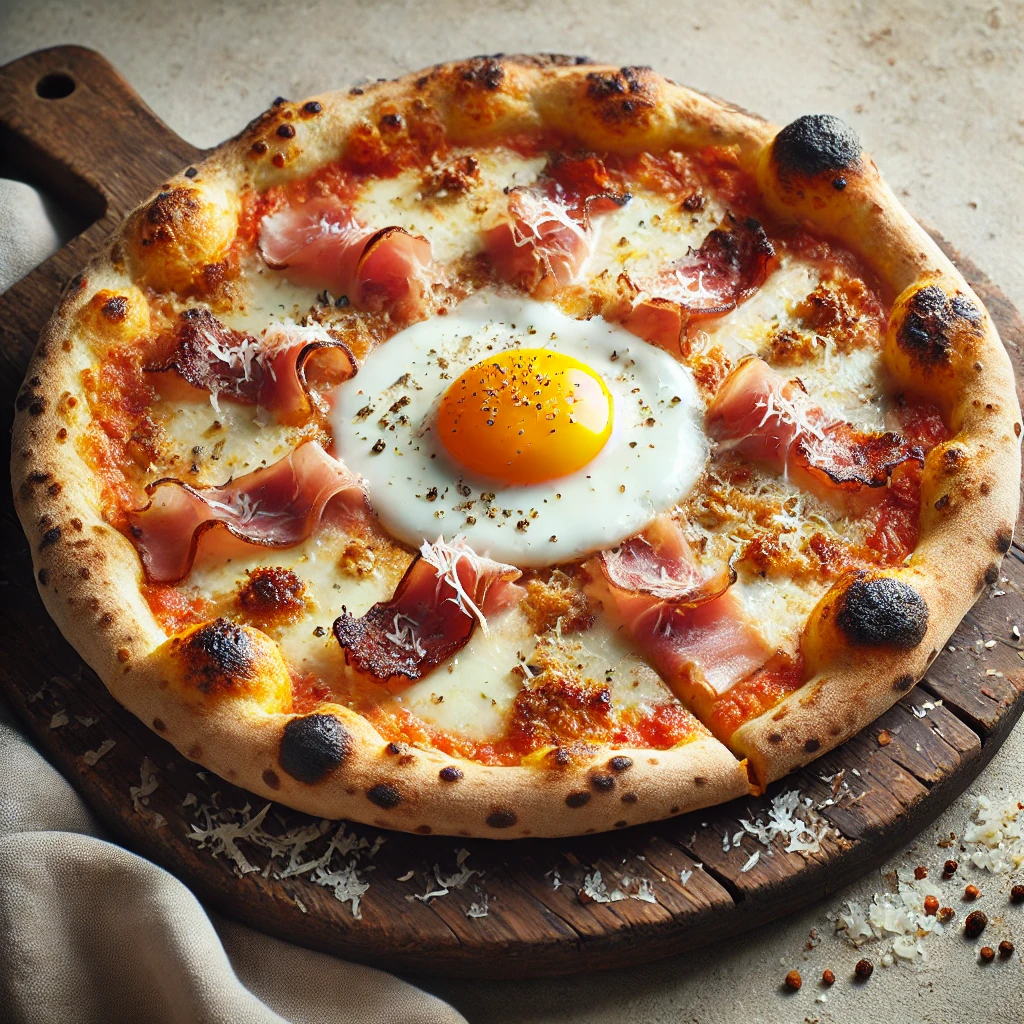 Olasz pizza guancialéval, tojással és Pecorino Romano sajttal