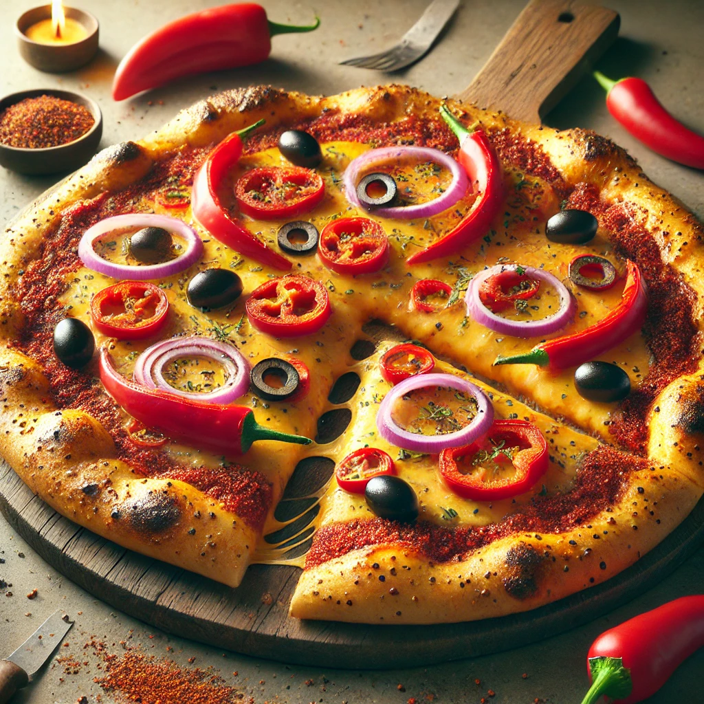 Fűszeres chilei pizza ají merkénnel és pirospaprikával
