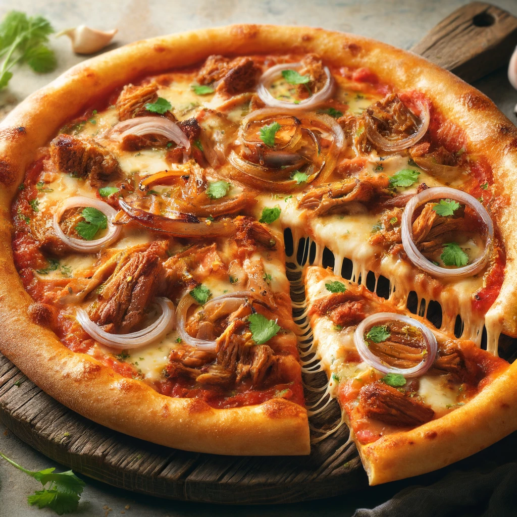 Ízletes kubai pizza sült sertéshússal és fűszeres hagymával