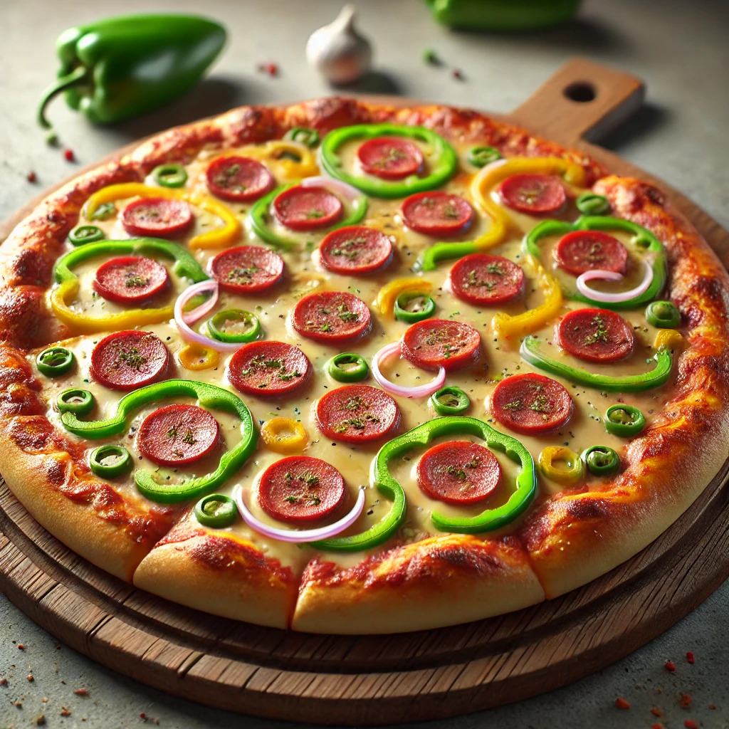Fűszeres dominikai pizza Longaniza kolbásszal és sajttal
