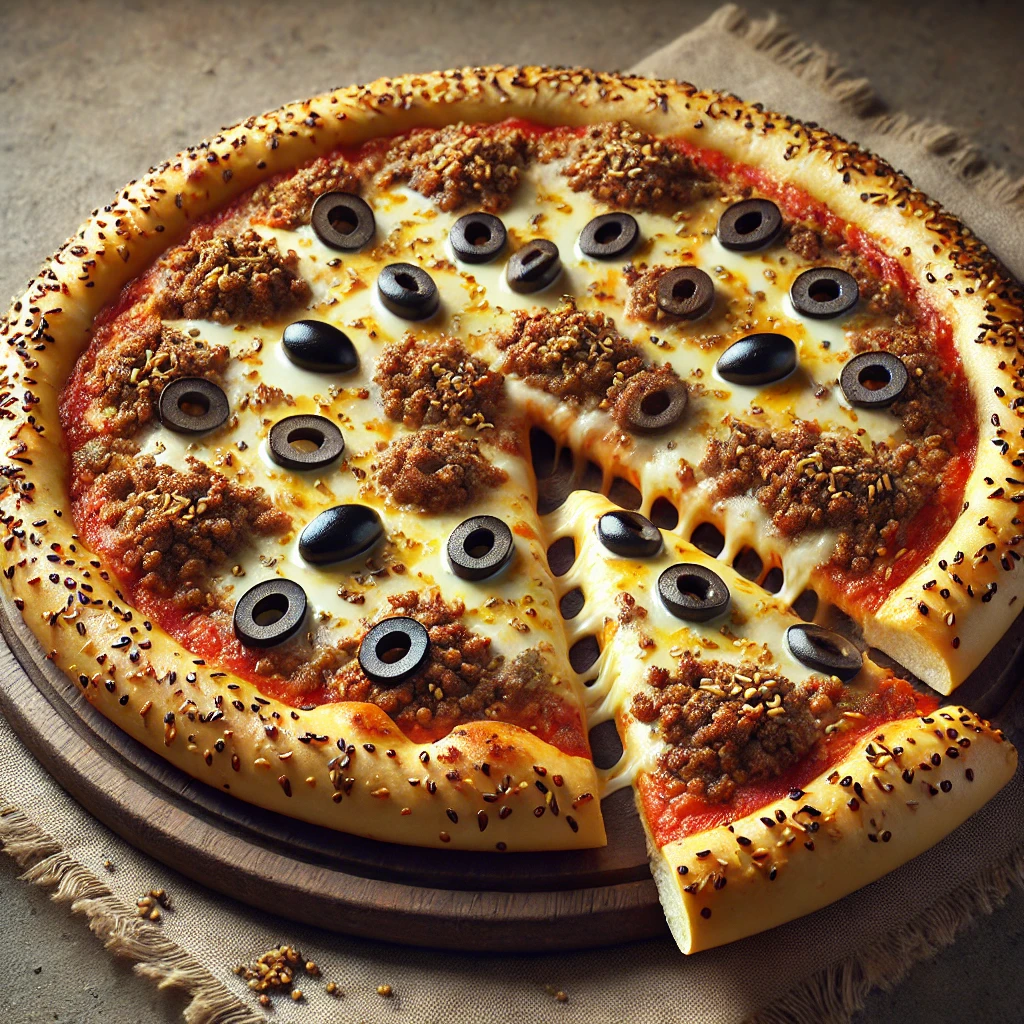 Fűszeres egyiptomi húsos pizza marhahússal és szezámmaggal
