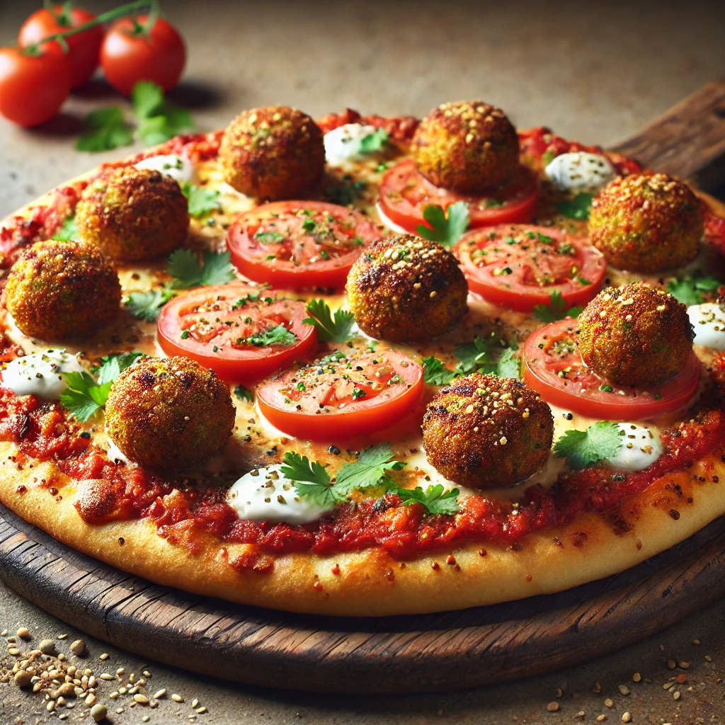 Vegetáriánus közel-keleti pizza falafellel és tahinivel