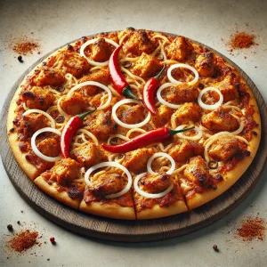 Fűszeres csirkés pizza suya fűszerrel és hagymával
