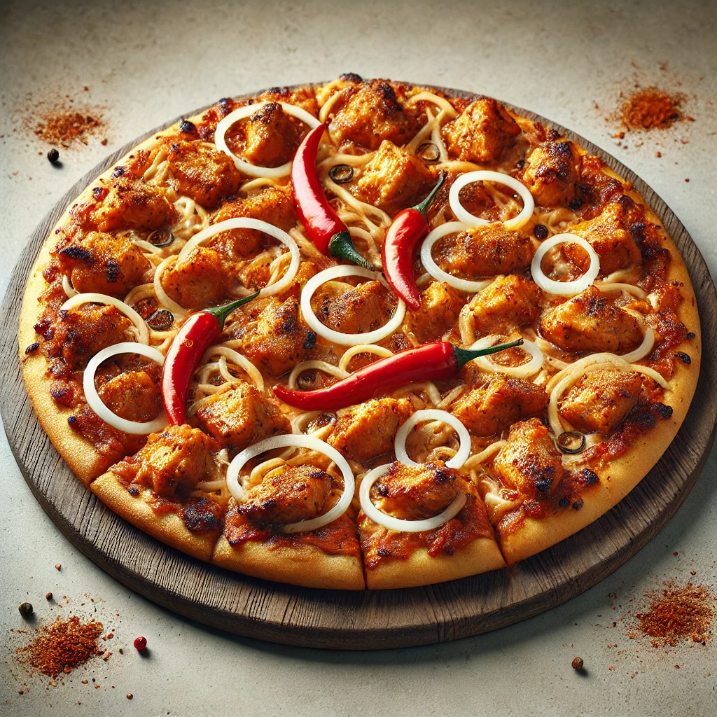 Fűszeres csirkés pizza suya fűszerrel és hagymával