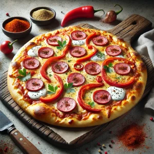 Tejfölös alapú magyar pizza kolbásszal és paprikával