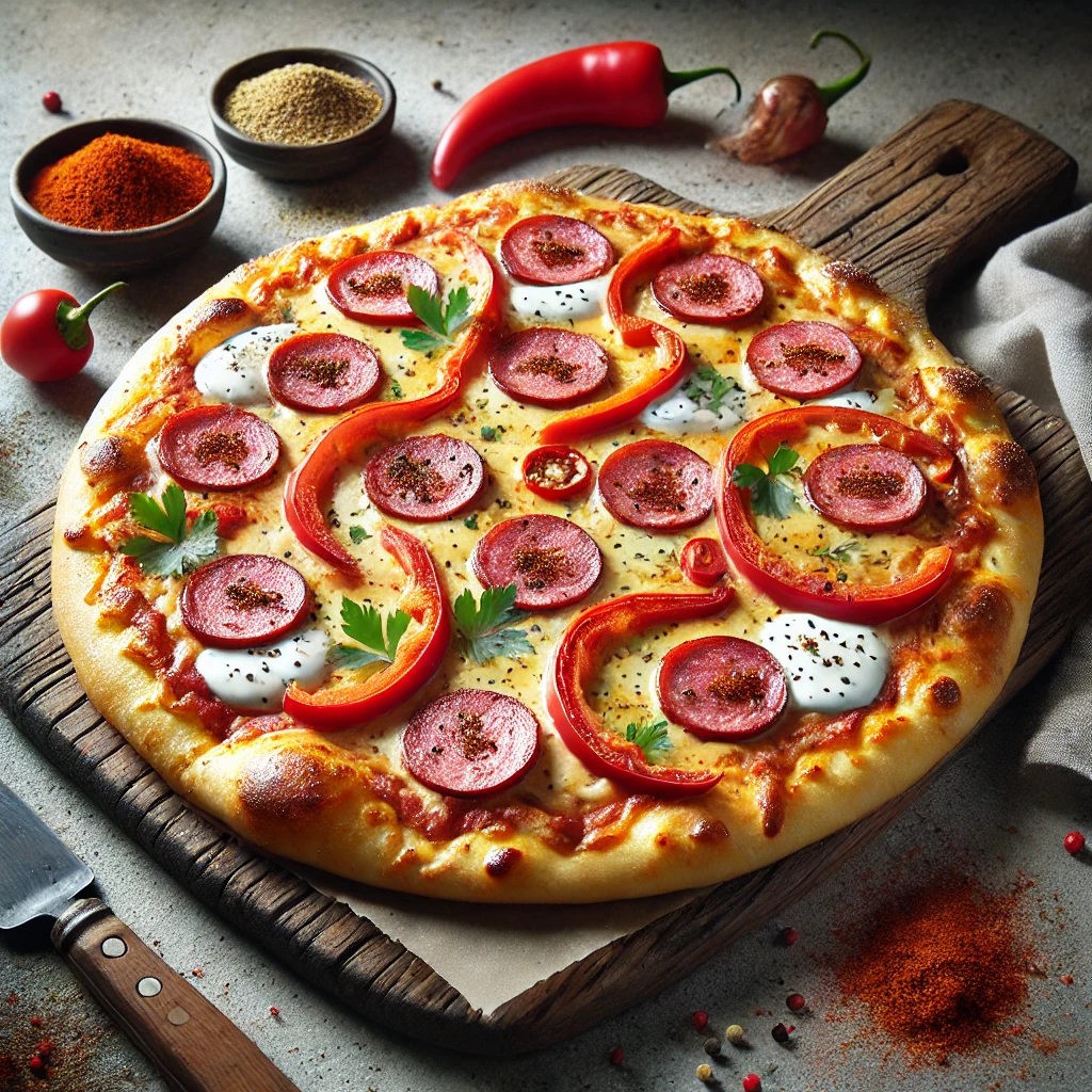 Tejfölös alapú magyar pizza kolbásszal és paprikával