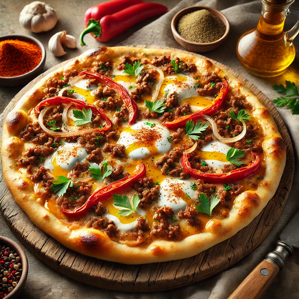 Joghurtos alapú török pizza fűszeres hússal és pirospaprikás vajjal