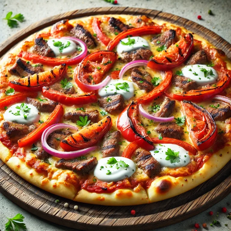 Kebabos pizza fűszeres hússal és görög joghurttal