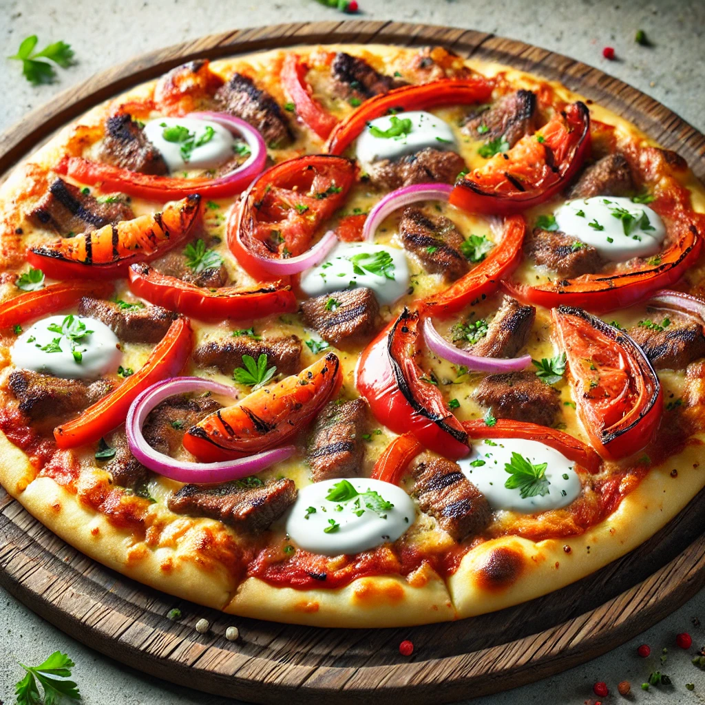 Fűszeres kebab húsos pizza joghurtos öntettel
