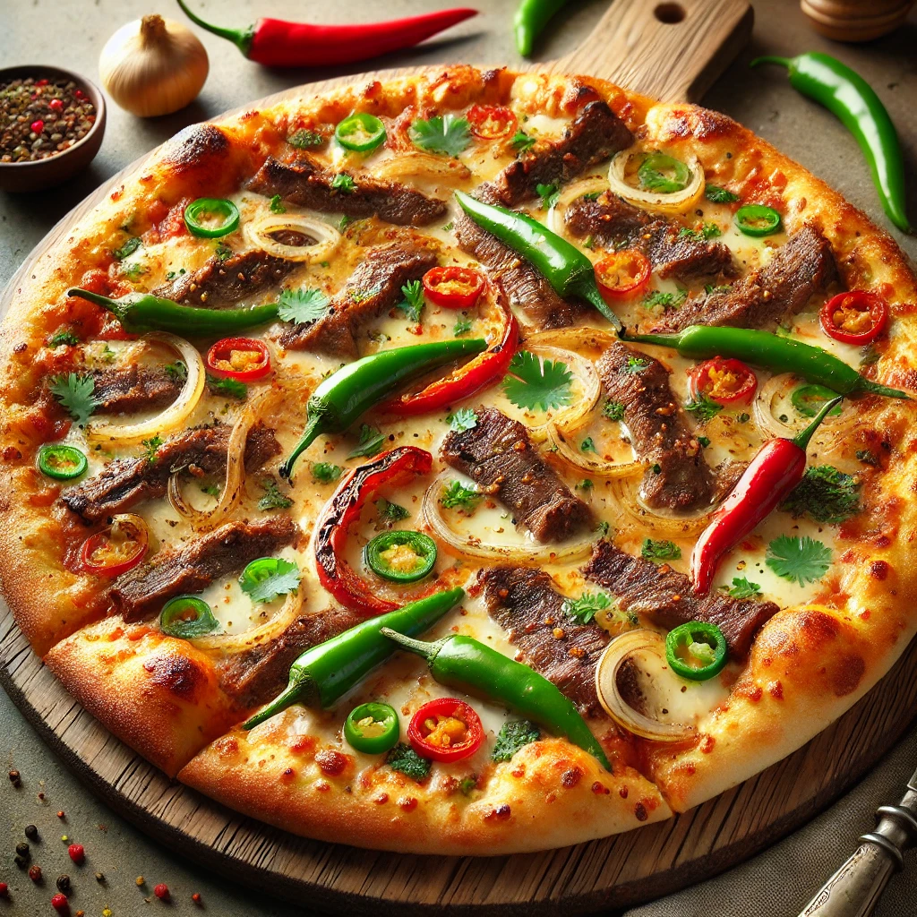 Fűszeres húsos pizza Nyama Choma grillezett hússal és korianderrel