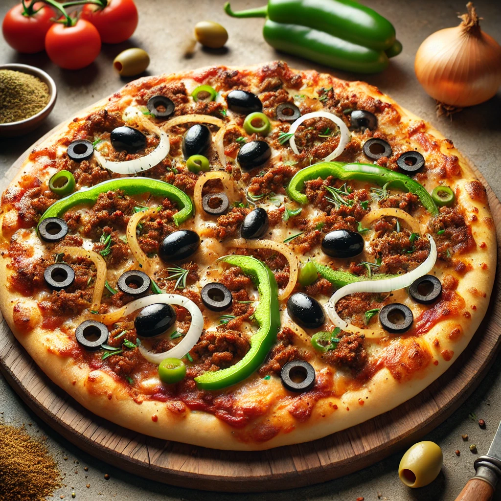 Fűszeres húsos pizza fekete olívabogyóval és köménnyel