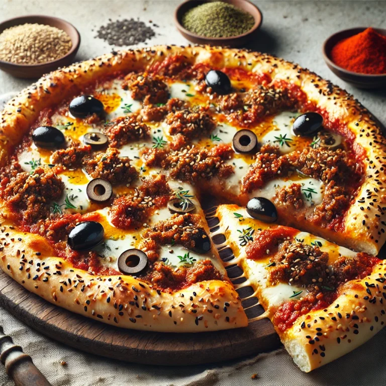 Marokkói stílusú húsos pizza római köménnyel és harissával