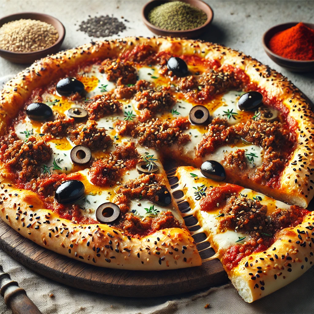 Fűszeres marokkói bárányhúsos pizza szezámmaggal
