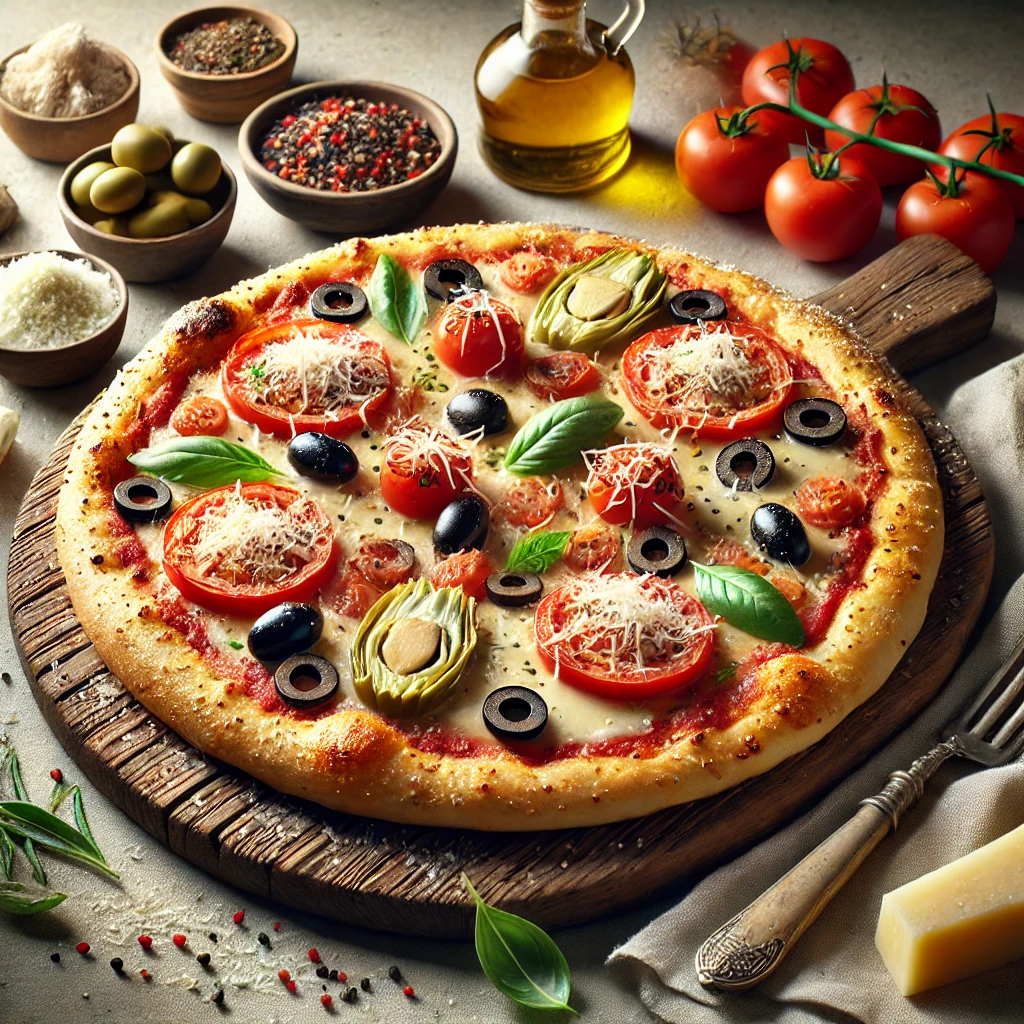 Olasz pizza friss olívával, bazsalikommal és sajttal