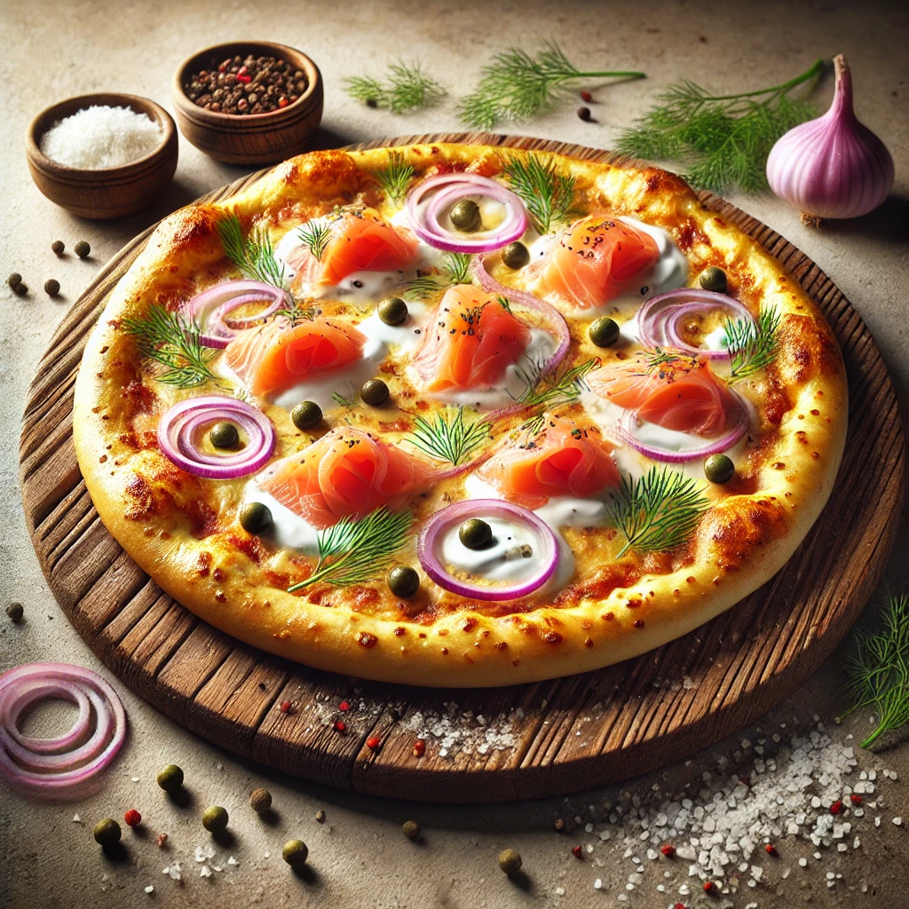 Tejfölös alapú orosz pizza füstölt lazaccal és kapribogyóval