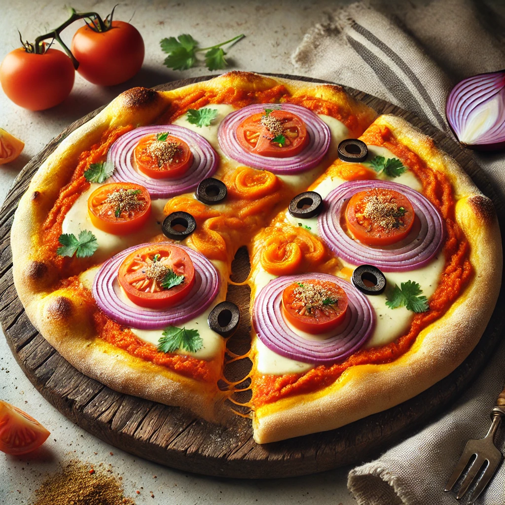 Ízletes perui pizza aji amarillo pasztával, olívával és korianderrel