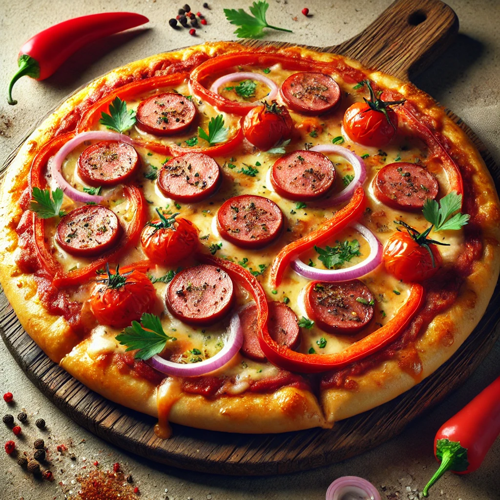 Paradicsomszószos lengyel pizza fűszeres kolbásszal