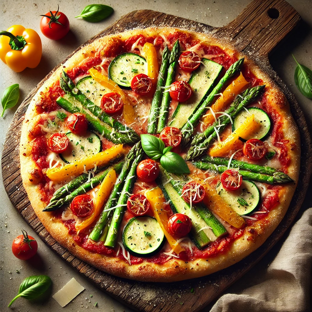 Olasz pizza friss tavaszi zöldségekkel, mozzarellával és parmezánnal