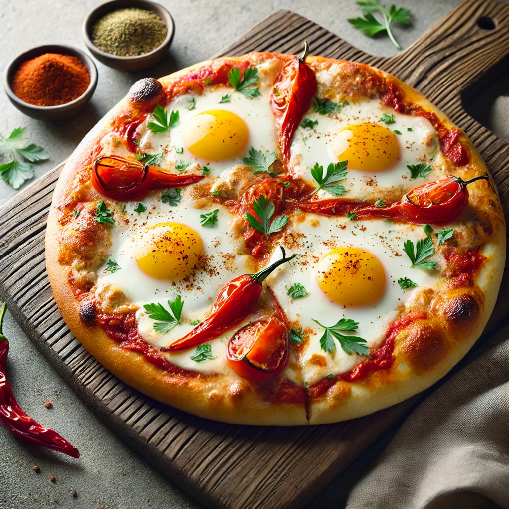 Tojásos shakshuka pizza paradicsomos szósszal és friss petrezselyemmel