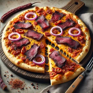 Fűszeres dél-afrikai biltongos pizza cheddarral