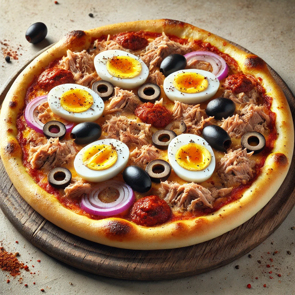 Fűszeres tunéziai pizza tonhallal és tojással