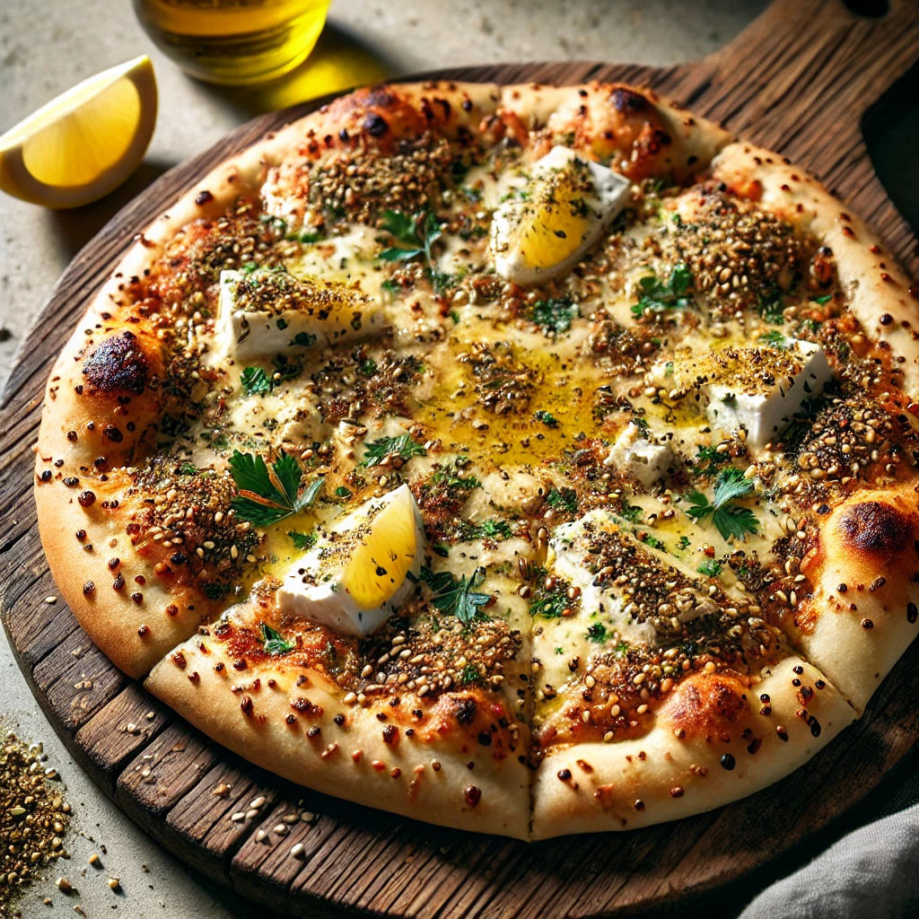 Közel-keleti ízesítésű pizza zaatar fűszerrel és sajttal