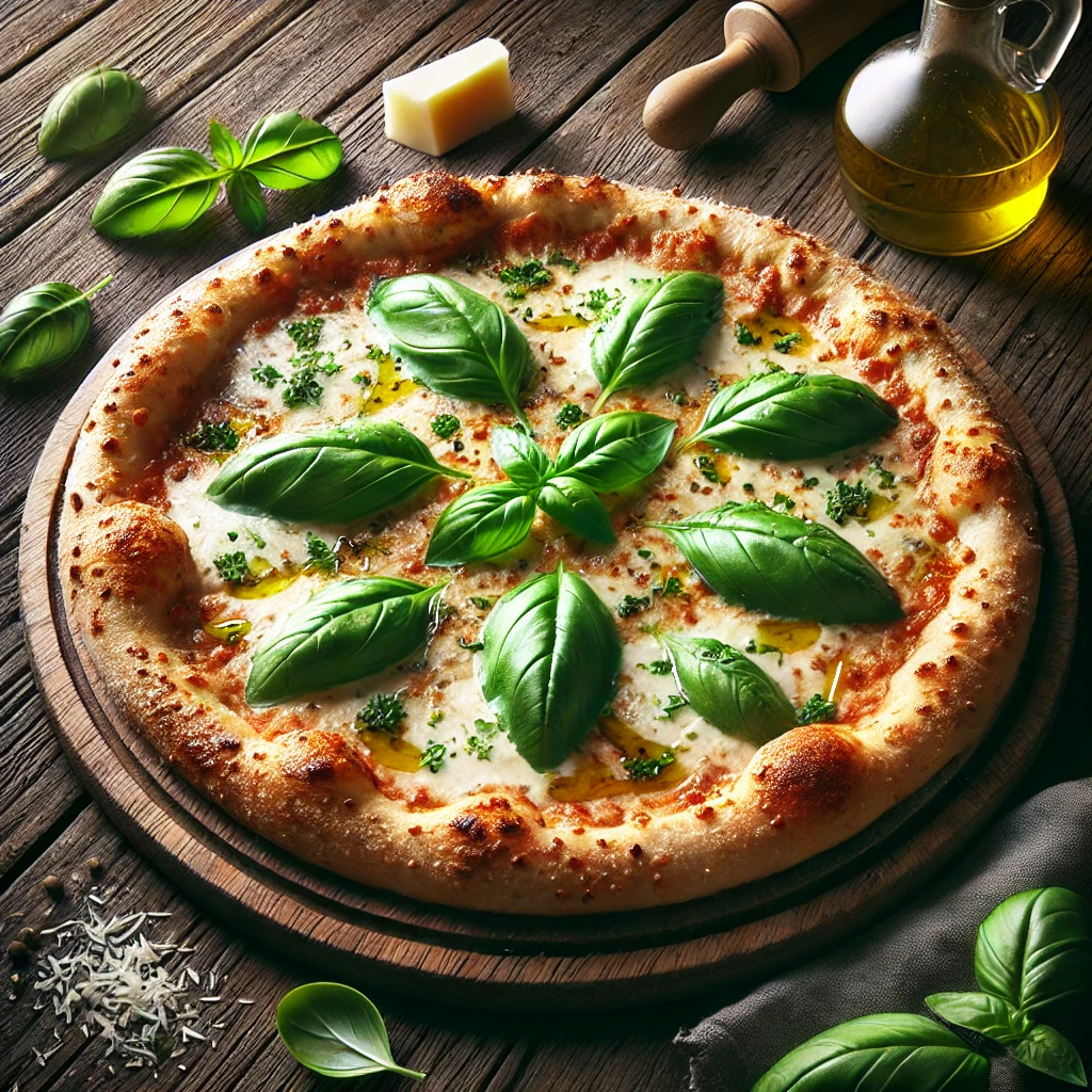 Autentikus olasz pizza bazsalikom virágokkal és sajttal